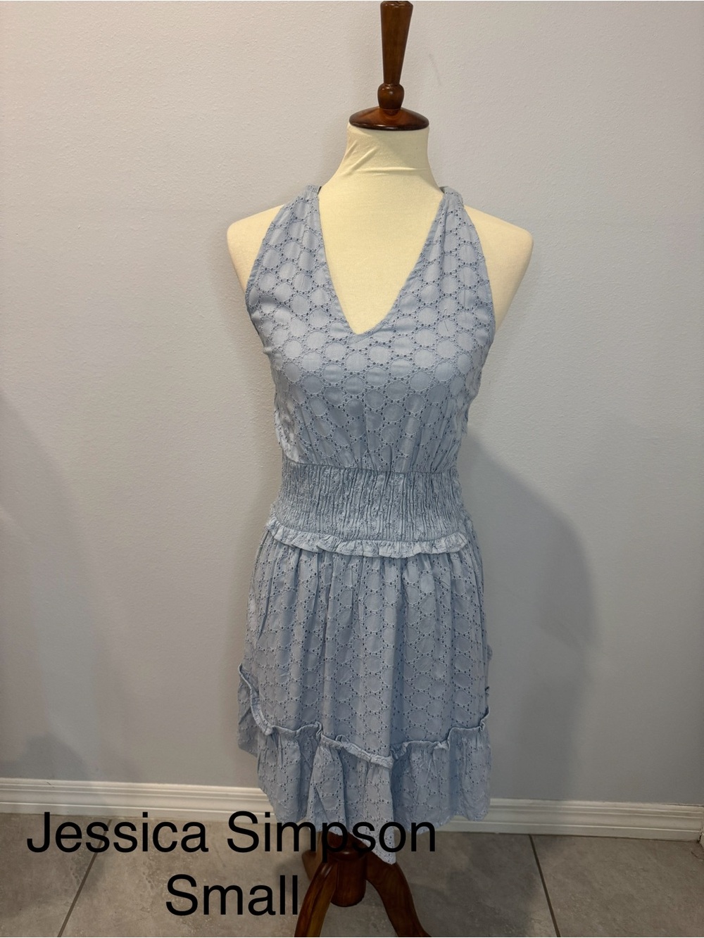 Jessica Simpson Light Blue Eyelet Halter Mini Dress
